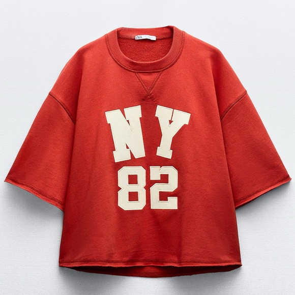 Zara NY 82 Varsity Patch Embroidered Distressed Trim Short Sleeve Sweatshirt Tee - Picture 3 of 7